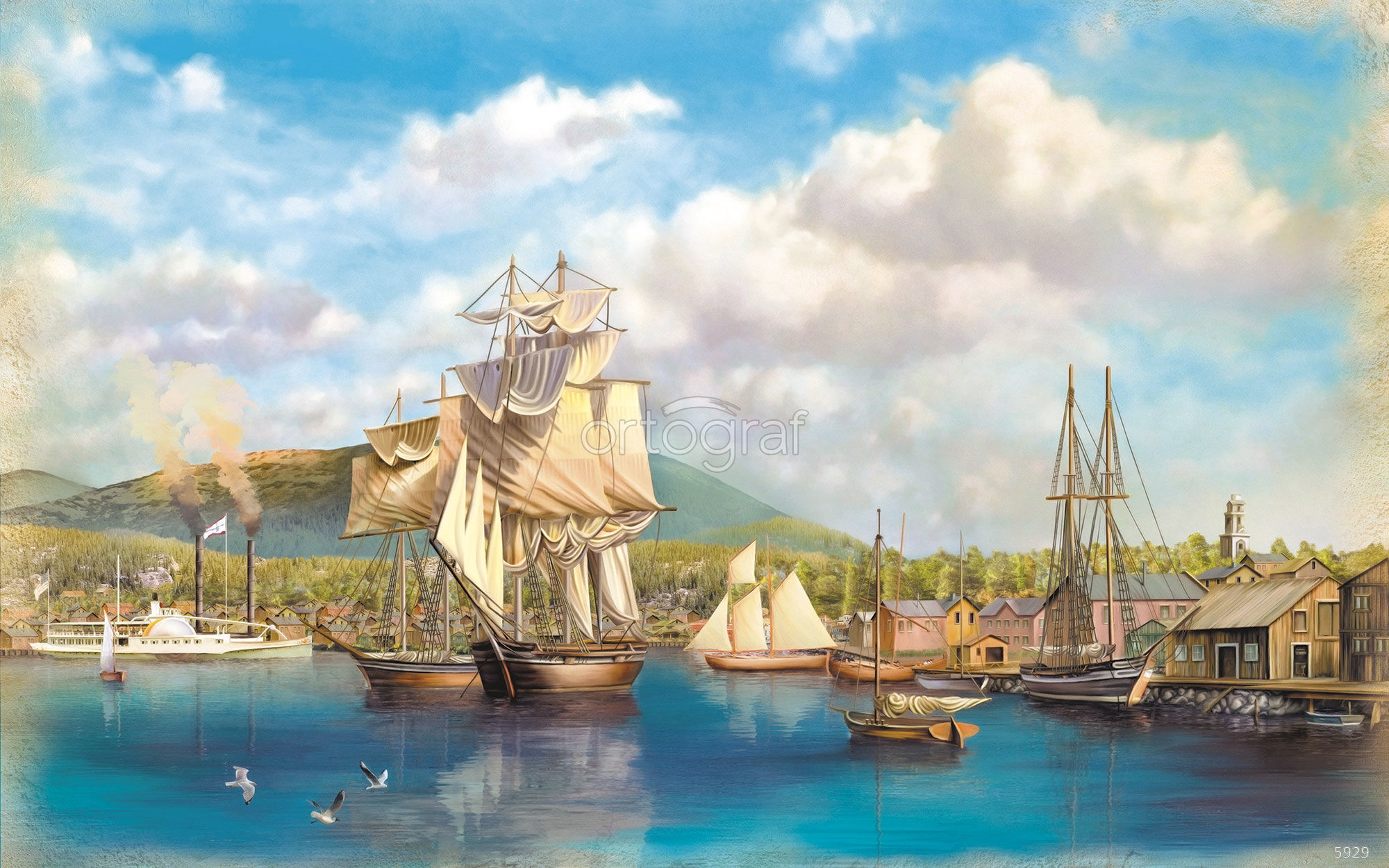 Город фрегат. Корабль в Гавани. Пейзаж с кораблем. Пристань с кораблями. Старинные корабли в порту.